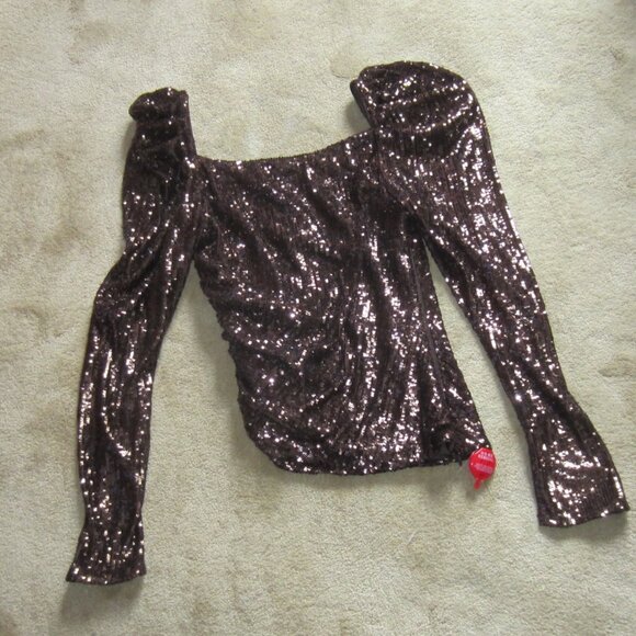 NWT JONATHAN SIMKHAI Size 2 Sable Sequined Square Neck Puff Sleeve Top - Picture 2 of 11